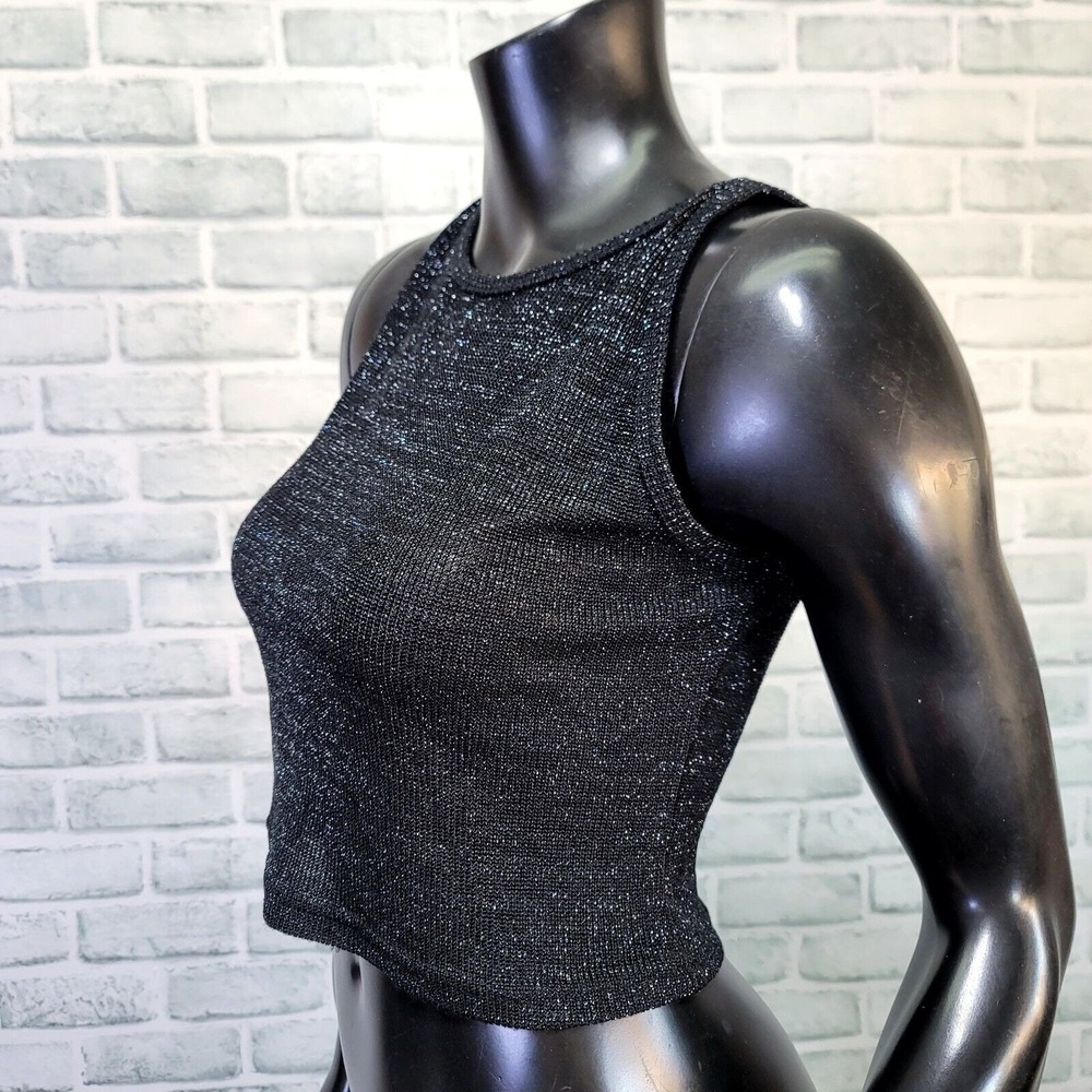 Vintage 90s Selections Size S Black Metallic Knit Crop Tank Top Y2K Clubwear - Picture 4 of 7